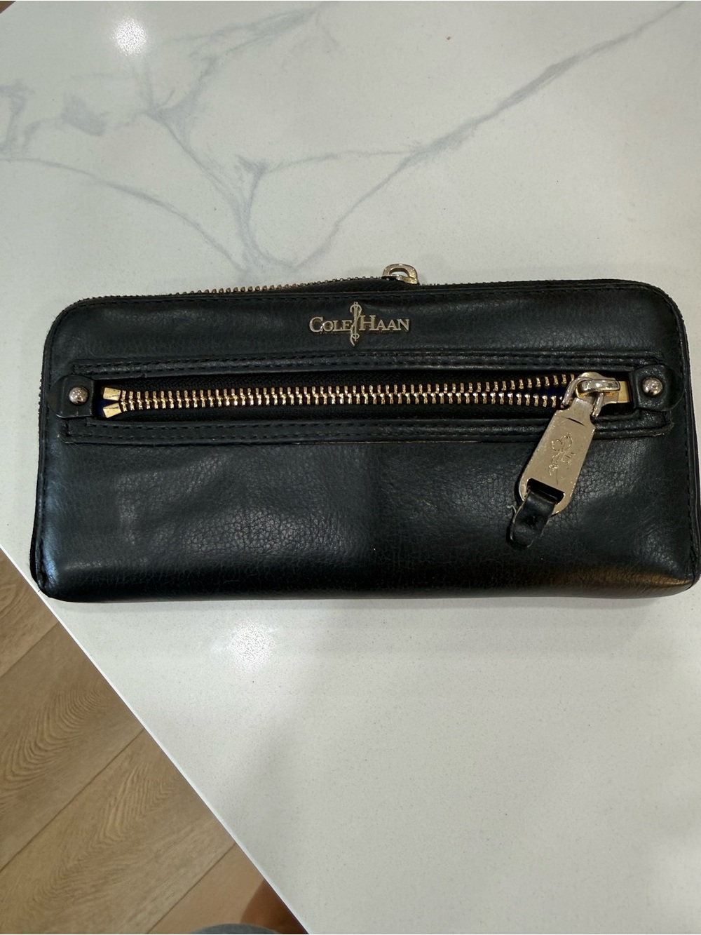 Cole Haan Black Leather Zip Around Continental Wallet Gold Hardware